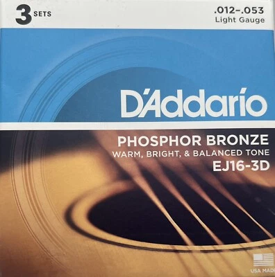 Cordas de guitarra acústica D'Addario EJ16-3D fósforo bronze leve 3 conjuntos por pacote - Imagem 1 de 2