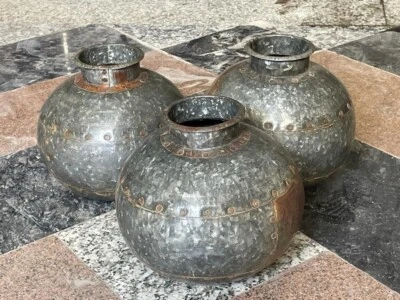 VINTAGE RARE HANDMADE 3 PC RUSTIC IRON INDIAN BIG WATER POT MATKA / VASE / JAR - Image 1 of 4