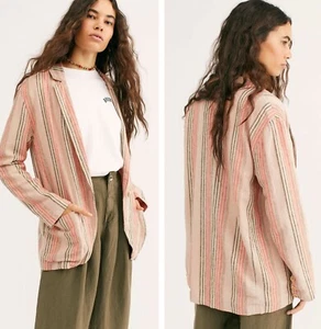 NWT Free People Linen Simply Stripe Blazer Strawberry Sorbet Size Medium $148 - Picture 1 of 12