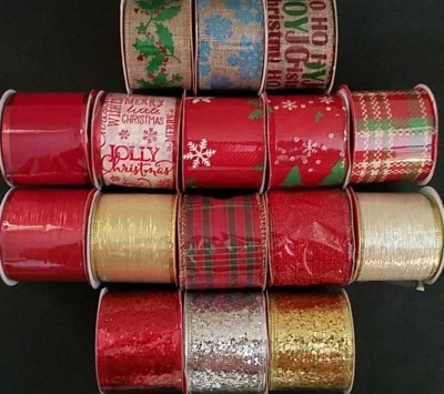 CHRISTMAS HOUSE Christmas Ribbons 2" to 2.5” Wide Gloss Glitter Wire Burlap 3 Yd/Pk Select: Type