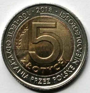 Polonia 5 zlotys 2018 100 años de independencia de Polonia (#4246) - Imagen 1 de 2