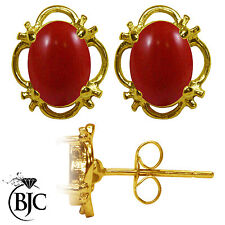 9ct Yellow Gold Natural Red Coral Single Stud Earrings Studs British Made 375