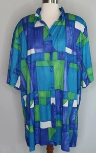 VTG 80s 90s Top Notch Color Block Green Blue Collared Blouse Shirt Woman 28 - Picture 1 of 9