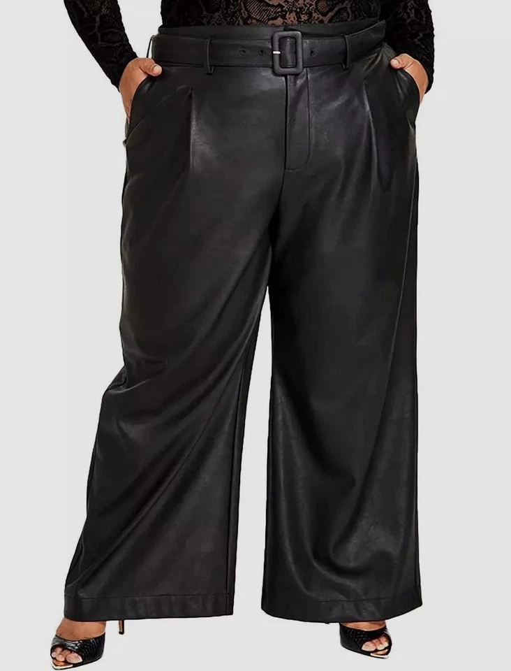 Nina Parker Women's Black Faux Leather Formal Wide-Leg Pants Plus Size 26W