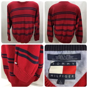   VTG 90s Tommy HILFIGER Mens L Knit Cotton Sweater Colorblock Flag Logo SWEATER - Picture 1 of 7