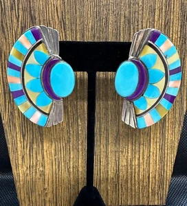 Vintage Navajo Sterling Silver Turquoise MOP Crescent Native American Earrings - Picture 1 of 7