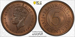 British Mauritius 1945 George VI Five Cents 5 Cents. PCGS MS 65, 500,000 Mintage - Picture 1 of 3