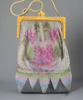 Cartera De Colección 1920 Whiting & Davis Verde Violeta Azul Floral Malla Aleta/Acento Dorado Foto 1 de 4