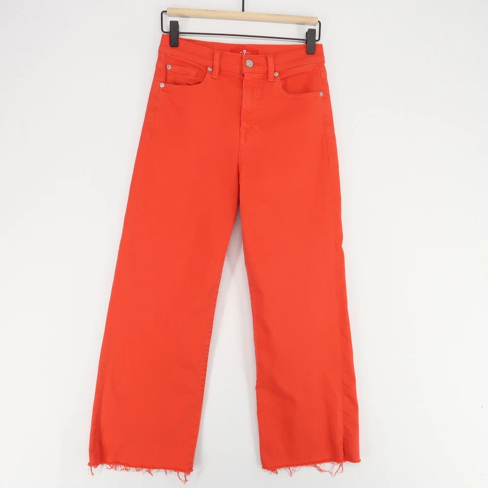 Pantalones de mezclilla para mujer 7 For All Mankind 26 rojo naranja tiro alto pierna ancha dobladillo crudo recortado Foto 1 de 4