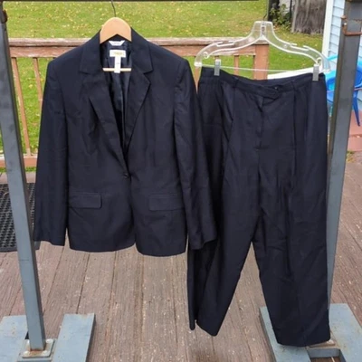 Vintage Talbots Navy Blue Pant Suit Mixed Sz 14 Pants 12 Jacket Office Linen Pro - Image 1 of 4