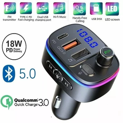 Bluetooth 5.0 FM Transmitter für Auto, QC3.0 Typ-C PD 18W Wireless FM Radio Kit - Bild 1 von 4