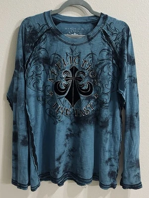 Camisa masculina Affliction tamanho G manga longa motociclista alt grunge rocker lutador tatuagem - Imagem 1 de 4