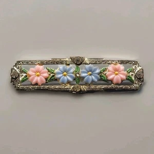 Antique Bar Brooch Pink Blue Celluloid Flower Art Deco Pin Rhinestone Silver Hue - Picture 1 of 6