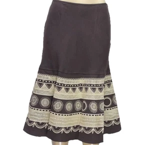 Vintage Jones NY Gr. 12 schokobraun Spitze Leinen bestickt Seide ausgestellt Rock Boho - Bild 1 von 9