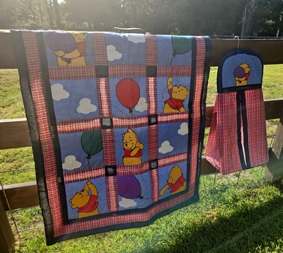 Vintage 1997 Winnie the Pooh Quilt Diaper Stacker Blanket Balloons Plaid - RARE! - Image 1 of 4