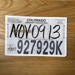Papel de matrícula Colorado Temp Tag 9 de noviembre de 2013 temporal # 927929 K - Imagen 1 de 3