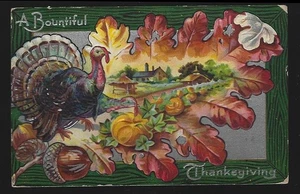 Bountiful Thanksgiving Turkey Leaf Autumn Landscape 1909 Holiday Postcard - Picture 1 of 2