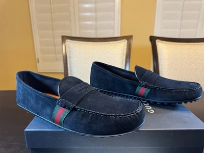 Nuevo Gucci Logo Color Negro Gamuza Mocasines Conductores Zapatos Sin Cordones Reino Unido 13.5 / EE. UU. 14 Foto 1 de 4