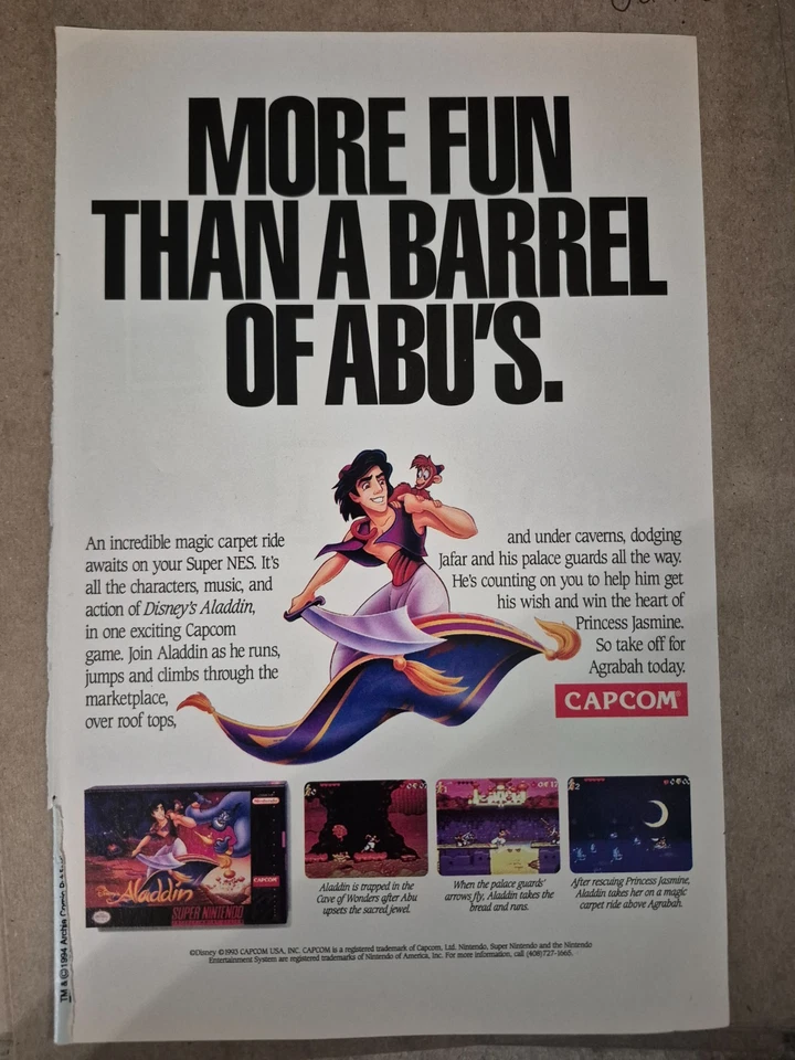 Aladdin Super Nintendo Video Game Print Ad 1994 Great To Frame (JA721 - Image 1 of 1