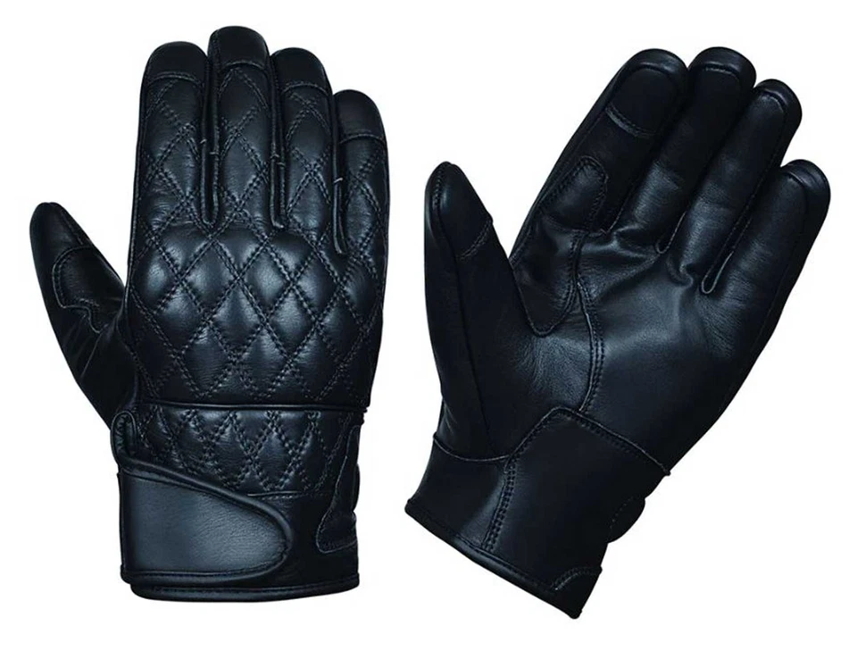 Derringer Men's Diamond Stitch Motorcycle Leather Full Finger Gloves, Black - Image 1 of 1