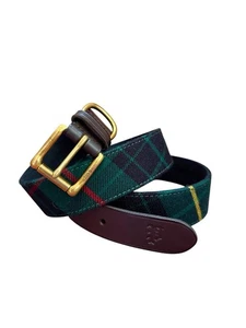 POLO RALPH LAUREN MENS WOOL LEATHER BELT -45 GREEN BLACK RED TARTAN TWEED CHECK - Picture 1 of 11