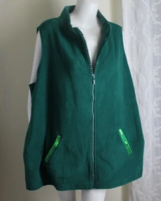 New Quacker Factory Sz 3X Green Sequin Rhinestone Glam Zip-up Fleece Vest Jacket - Image 1 of 4