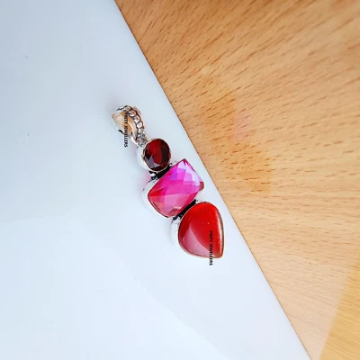 Mystic Topaz With Garnet 925 Sterling Silver Pendant, Antique Handmade Pendant - Image 1 of 4