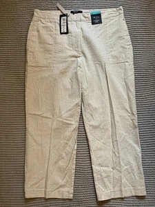 New With Tags Ladies M&S Evie Beige Stripe Straight Cropped Trousers Size 14 24” - Picture 1 of 5