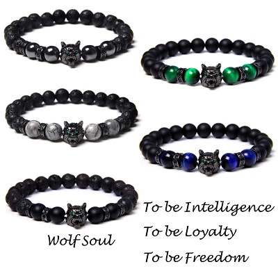Hot Men Wolf Sould Charm Bracelet Tiger Eye Reiki Black Wolf Sould Amulet Bangle - Image 1 of 4