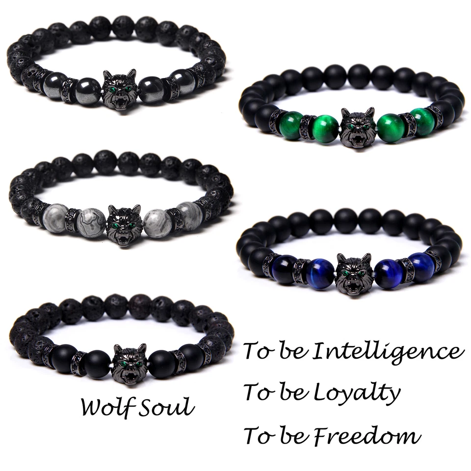 Hot Men Wolf Sould Charm Bracelet Tiger Eye Reiki Black Wolf Sould Amulet Bangle - Image 1 of 4