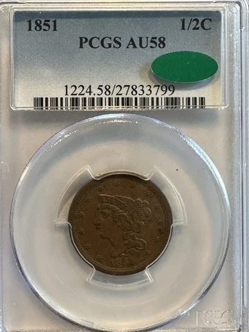 1851 PCGS 1/2 Cent AU 58 CAC Cover