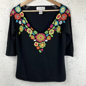 Weiche Umrandung Gr. M Top bunte Applikation Blumen gehäkelt schwarz Boho Perlen - Bild 1 von 8