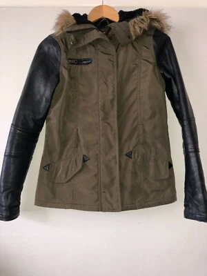 Atmosphere size 8 green jacket with leather sleeves and fur trim hood - Image 1 of 4