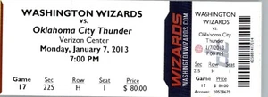 Oklahoma City vs Washington Wizards 1/7/2013 Ticket BRADLEY BEAL 22 Points - Picture 1 of 2