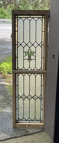 ANTIQUE 2 PIECE TALL FLEUR DE LIS STAINED GLASS WINDOW, 1 red jewel Cover