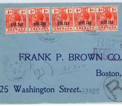 GRENADA WW1 Cover *WAR TAX* Cover KGV 1d STRIP{3} 5d Rate Reg'd USA Boston XC153 - Image 1 of 4