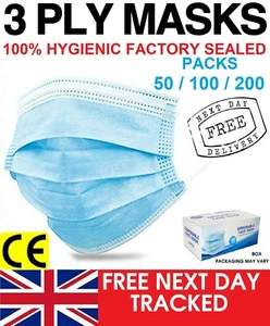 50 100 200 500 Mascarilla Facial No Quirúrgica 3 Capas Mascarilla Repelente de Líquidos Protector Bucal Reino Unido - Imagen 1 de 1