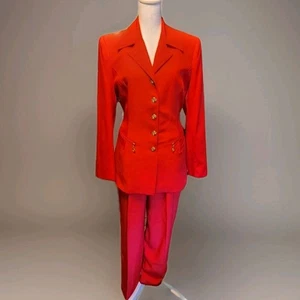 Vtg 1980s High Point NY Red Suit Long Waist Coat Gold Trim Buttons Shoulder Pads - Picture 1 of 12