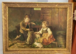 Quadro Dipinto Olio su Tela Firmato G. Cirulli – Scena Pastorale con Bambini - Picture 1 of 12