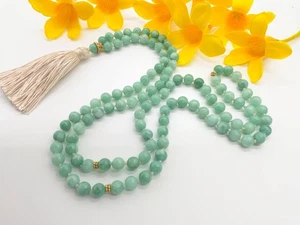 LUCKY JADE GOLD 24k vermeil Silk tassel 6mm 108 Mala beads Gemstone Prayer beads - Bild 1 von 8