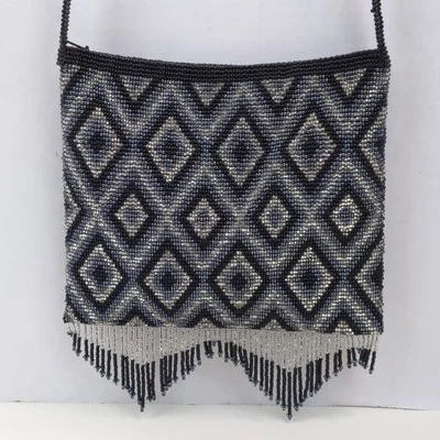 Bolso de Noche Vintage con Cuentas Negro Plata Geométrico Patrón de Diamantes Cartera con Flecos Foto 1 de 4