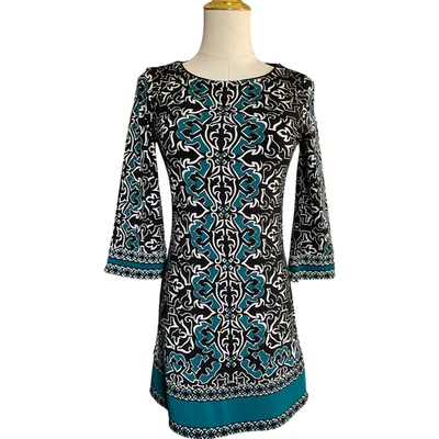 Vestido para mujer White House Black Market XXS negro blanco azul verdoso estampado 3/4 Foto 1 de 4