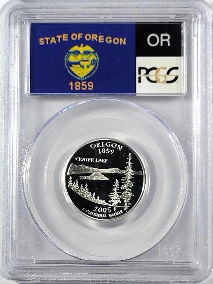 ✅ 2005-S Oregon 90% PLATEADO Washington Quarter ~ PCGS PR69DCAM Etiqueta Bandera Estatal Foto 1 de 2
