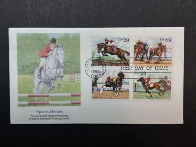 1993 Sporting Horses 4 designs Sc 2759a FDCs Fleetwood premium cachet UA - Image 1 of 2