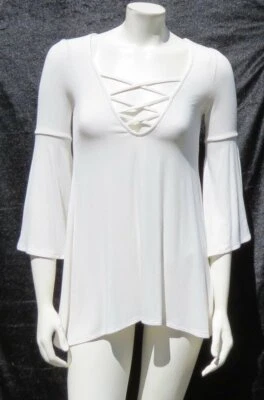 ECOTE USA Anthropologie Ivory Viscose Knit Bell Slv Bonita Plunge Tunic Top XS - Image 1 of 4