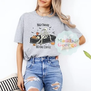 Funny Halloween Skeleton Coffee Shirt, Spooky Season Gift For Her, Halloween Tee - Picture 1 of 13