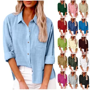 Womens Cotton Linen Button Down Shirt 2024 Fall Casual Long Sleeve Tops w/Pocket - Picture 1 of 29
