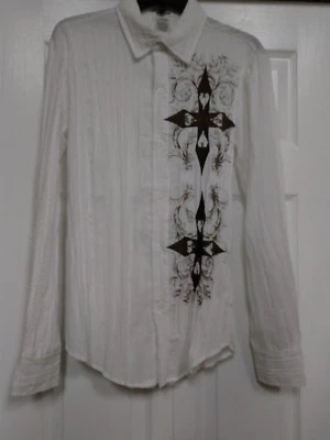 Camisa Blanca POP ICON Arrugada Manga Larga Botón Delantero - Bordada Cruz Talla S Foto 1 de 4