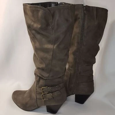 Jaclyn Smith Botas Talla 9 Gris Marrón Cuero Tacón Bloque Foto 1 de 4