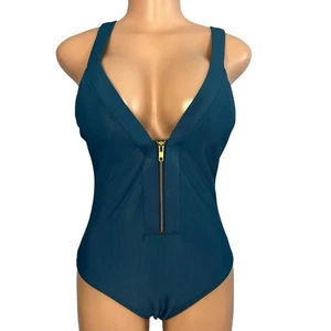 Neu mit Etikett Kona Sol blau gerippter Reißverschluss Medium Abdeckung Einteiler Badeanzug Größe Medium - Bild 1 von 8